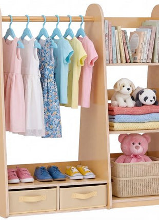 Kids Dress Up Storage, with Mirror, Dress Up Closet, Toddler Wardrobe Closet for Little Girls, Armoire with Shelves & Bottom Tray, Costume Organizer, Toddler Room Furniture, for Bedroom, Natural