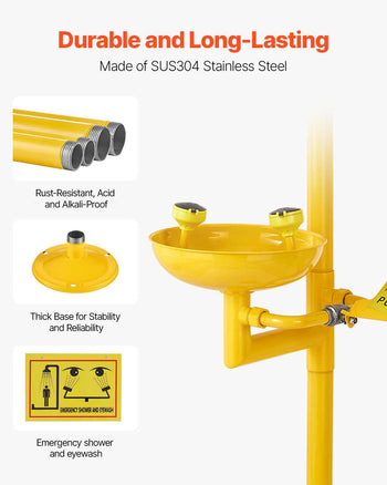 Emergency Shower Eye Wash Station, 34.25 x 15.75 x 91.73 Inch 304 Stainless Steel Eyewash and Shower Combination, OSHA-Approved First Aid Eye Wash Station, for Schools, Labs, Factories, Yellow