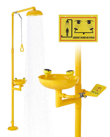 Emergency Shower Eye Wash Station, 34.25 x 15.75 x 91.73 Inch 304 Stainless Steel Eyewash and Shower Combination, OSHA-Approved First Aid Eye Wash Station, for Schools, Labs, Factories, Yellow