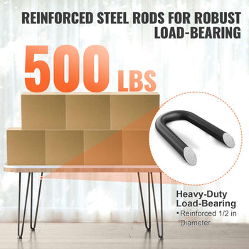 Black heavy-duty reinforced steel rods, ½ inch diameter, support up to 500 lbs for robust load-bearing applications.