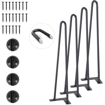 Set of 4 black hairpin legs, metal construction, mid-century modern style, includes screws and mounting hardware.