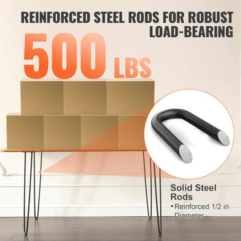 Reinforced black steel rods, ½ inch diameter, supporting up to 500 lbs in a modern industrial style.