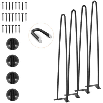 Black metal hairpin legs set with screws for mid-century modern furniture design. Ideal for DIY projects.