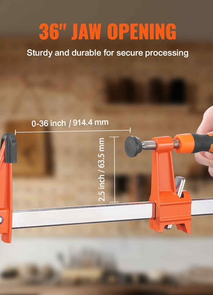 36" adjustable orange clamp with durable metal bar and rubberized grip, ideal for woodworking and secure processing.