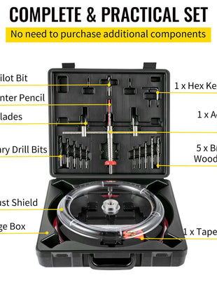 Adjustable Hole Saw Cutter Kit, 1-5/8\" to 11-13 /16\" (40-300 mm), Recessed Hole Saw with PC Dust Shield, Two Replaceable Pilot Drill Bits, for Recessed Lights, Ceiling Speakers, Vent Holes