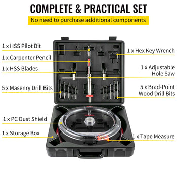 Adjustable Hole Saw Cutter Kit, 1-5/8\" to 11-13 /16\" (40-300 mm), Recessed Hole Saw with PC Dust Shield, Two Replaceable Pilot Drill Bits, for Recessed Lights, Ceiling Speakers, Vent Holes
