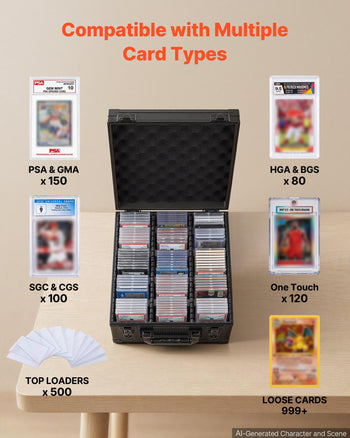 Graded Card Case 3 Row 150 PSA Slab Storage Box with Secure Lock, Baseball Sports Trading Cards Holder Collector with 12 Dividers, Key, Holds 100 SGC 80 BGS 500 Top Loaders & 999+ Loose Cards