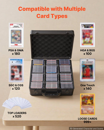 Graded Card Case 3 Row 180 PSA Slab Storage Box with Secure Lock, Baseball Sports Trading Cards Holder Collector with 12 Dividers, Key, Holds 120 SGC 100 BGS 520 Top Loaders & 999+ Loose Cards