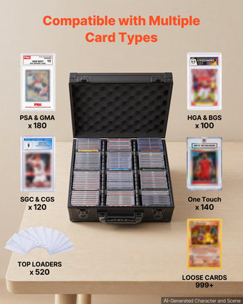 Graded Card Case 3 Row 180 PSA Slab Storage Box with Mechanical Lock, Baseball Sports Trading Cards Holder Collector with 12 Dividers, Holds 120 SGC 100 BGS 520 Top Loaders & 999+ Loose Cards