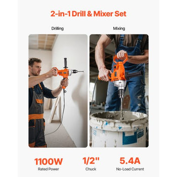 Drill Mixer, 1/2 inch Corded Electric Drill Mixer Set, 0-850RPM 5.4A Mixing Drills, Mixing Drills Machine with D-Handle for Drilling & Blending, Handheld Cement Mixers for Fodder, Paint, Cement