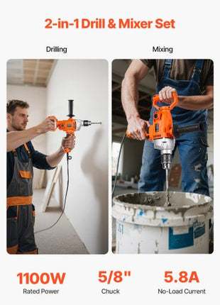 Drill Mixer, 5/8 inch Corded Electric Drill Mixer Set, 0-850RPM 5.8A Mixing Drills, Mixing Drills Machine with D-Handle for Drilling & Blending, Handheld Cement Mixers for Fodder, Paint, Cement