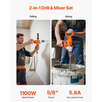 Drill Mixer, 5/8 inch Corded Electric Drill Mixer Set, 0-850RPM 5.8A Mixing Drills, Mixing Drills Machine with D-Handle for Drilling & Blending, Handheld Cement Mixers for Fodder, Paint, Cement