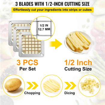 Replacement Chopper Blade, 1/2 inch, 3 PCS French Fry Blade Assembly with 6 Extra Knives, Stainless Steel Dicer Parts and Push Block for Cutting Potatoes Carrots Onions Cucumbers Mushrooms