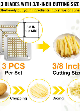 Replacement Chopper Blade, 3/8 inch, 3 PCS French Fry Blade Assembly with 6 Extra Knives, Stainless Steel Dicer Parts and Push Block for Cutting Potatoes Carrots Onions Cucumbers Mushrooms