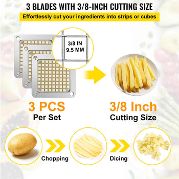 Replacement Chopper Blade, 3/8 inch, 3 PCS French Fry Blade Assembly with 6 Extra Knives, Stainless Steel Dicer Parts and Push Block for Cutting Potatoes Carrots Onions Cucumbers Mushrooms
