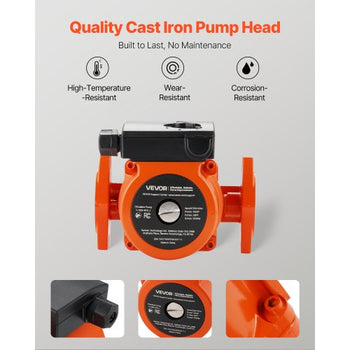 F-009-BF5-J Cast Iron Circulator Pump, 17 GPM, AC 120V 35 ft Hot Water Recirculating Circulation Pump, 3/4-Inch Flange Connection, 3-Speed Adjustment, Quiet Operation, for Home Heating System