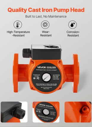 F-15-58FC Cast Iron Circulator Pump, 17 GPM, AC 120V 20 ft Hot Water Recirculating Circulation Pump, 1-Inch Flange Connection, 3-Speed Adjustment, Quiet Operation, for Home Water Heating System