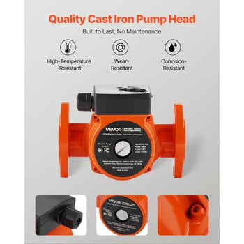 F-15-58FC Cast Iron Circulator Pump, 17 GPM, AC 120V 20 ft Hot Water Recirculating Circulation Pump, 1-Inch Flange Connection, 3-Speed Adjustment, Quiet Operation, for Home Water Heating System