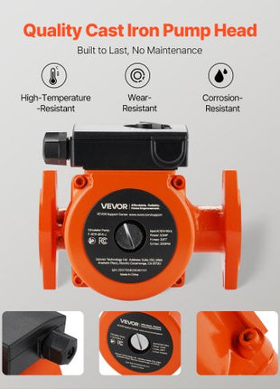 F-0011-BF4-J Cast Iron Circulator Pump, 33 GPM, AC 120V 33 ft Hot Water Recirculating Circulation Pump, 1-1/4 in Flange Connection, 3-Speed Adjustment, Quiet Operation, for Home Heating System