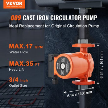 009-BF5-J Hot Water Recirculating Pump, 110V, 180W 10 GPM Hot Water Circulation Pump, 3/4" NPT Flange 3-Speed Circulator Pump, Quiet Operation Circulator Pump for Home Water Heater System