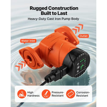 F-007E-1F1 High Efficiency Circulator Pump, 16 GPM, 120V 20 ft Cast Iron Hot Water Recirculating Circulation Pump, 1 in Flange Connection, Check Valve, Quiet Operation, for Home Heating System