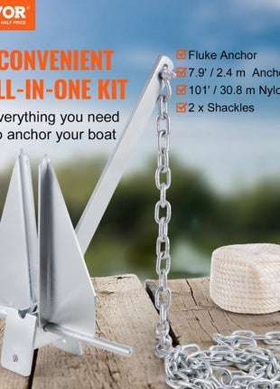 Fluke Style Anchor Kit, 13 LBS Hot-Dipped Galvanized Steel Fluke Anchor with 7.9' Chain, 101' Rope and Two 0.4" Shackles, Marine Boat Anchor for Small Vessels Under 30', Seas, Rivers and Shores
