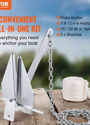 Fluke Style Anchor Kit, 8.5 LBS Hot-Dipped Galvanized Steel Fluke Anchor with 7.9' Chain, 75' Rope and Two 0.4" Shackles, Marine Boat Anchor for Small Vessels Under 18', Seas, Rivers and Shores