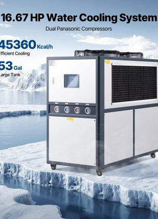 Air-Cooled Water Chiller, 16.67 HP, Industrial Water Chiller with 45,360 Kcal/h Cooling Capacity, Dual Compressor, 53 Gal Large Tank, LED Display, Cooler for Cooling Water, Not Air Conditioner
