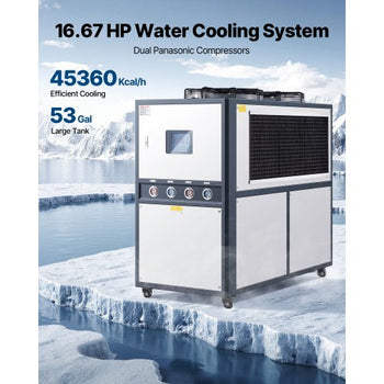 Air-Cooled Water Chiller, 16.67 HP, Industrial Water Chiller with 45,360 Kcal/h Cooling Capacity, Dual Compressor, 53 Gal Large Tank, LED Display, Cooler for Cooling Water, Not Air Conditioner