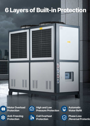 Air-Cooled Water Chiller, 25 HP, Industrial Water Chiller with 60,480 Kcal/h Cooling Capacity, Dual Compressor, 53 Gal Large Tank, LED Display, Cooler for Cooling Water, Not Air Conditioner