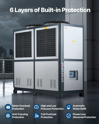 Air-Cooled Water Chiller, 25 HP, Industrial Water Chiller with 60,480 Kcal/h Cooling Capacity, Dual Compressor, 53 Gal Large Tank, LED Display, Cooler for Cooling Water, Not Air Conditioner