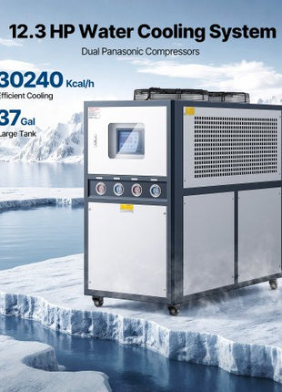 Air-Cooled Water Chiller, 12.3 HP, Industrial Water Chiller with 30,240 Kcal/h Cooling Capacity, Dual Compressor, 37 Gal Large Tank, LED Display, Cooler for Cooling Water, Not Air Conditioner