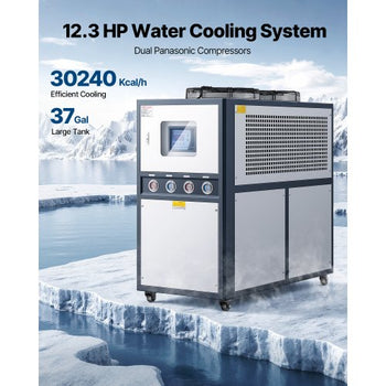 Air-Cooled Water Chiller, 12.3 HP, Industrial Water Chiller with 30,240 Kcal/h Cooling Capacity, Dual Compressor, 37 Gal Large Tank, LED Display, Cooler for Cooling Water, Not Air Conditioner
