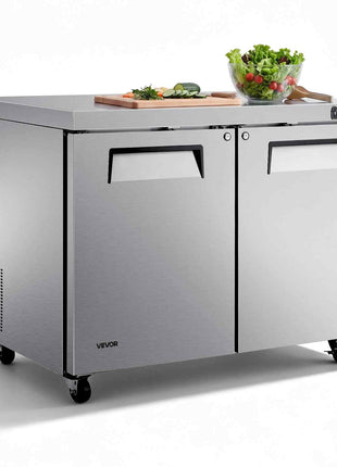 48"W Commercial Refrigerator 14.1 Cu.Ft Undercounter Worktop Mobile, Double-Door Food Prep Fridge with Lock, Interior Light, Heavyload Top, Stainless Steel Refrigerated Table for Diner, Bar