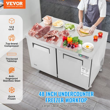 48" Commercial Frozen Refrigerator Sandwich & Salad Prep Table, 12.9 Cu. Ft Stainless Steel Refrigerated Food Prep Station with 2 Doors, Frost Free Refrigerator with Lock for Restaurant, Bar