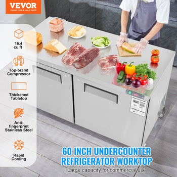 60" Commercial Refrigerator Sandwich & Salad Prep Table, 16.4 Cu. Ft Stainless Steel Refrigerated Food Prep Station with 2 Doors, Frost Free Refrigerator with Lock for Restaurant, Bar, Store
