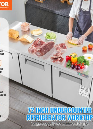 72" Commercial Refrigerator Sandwich & Salad Prep Table, 20 Cu. Ft Stainless Steel Refrigerated Food Prep Station with 3 Doors, Frost Free Refrigerator with Lock for Restaurant, Bar, Store