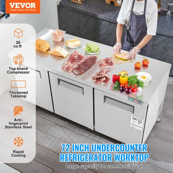 72" Commercial Refrigerator Sandwich & Salad Prep Table, 20 Cu. Ft Stainless Steel Refrigerated Food Prep Station with 3 Doors, Frost Free Refrigerator with Lock for Restaurant, Bar, Store