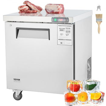 28" Commercial Frozen Refrigerator Sandwich & Salad Prep Table, 7.4 Cu. Ft Stainless Steel Refrigerated Food Prep Station with 1 Door, Frost Free Refrigerator with Lock for Restaurant, Bar