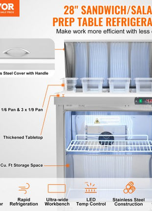 28" Commercial Refrigerator Sandwich & Salad Prep Table, 7.4 Cu. Ft Stainless Steel Refrigerated Food Prep Station with 12 Pans, Cut Board, Frost Free Refrigerator with Lock for Restaurant