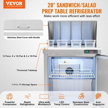 28" Commercial Refrigerator Sandwich & Salad Prep Table, 7.4 Cu. Ft Stainless Steel Refrigerated Food Prep Station with 12 Pans, Cut Board, Frost Free Refrigerator with Lock for Restaurant
