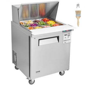 28" Commercial Refrigerator Sandwich & Salad Prep Table, 7.4 Cu. Ft Stainless Steel Refrigerated Food Prep Station with 12 Pans, Cut Board, Frost Free Refrigerator with Lock for Restaurant