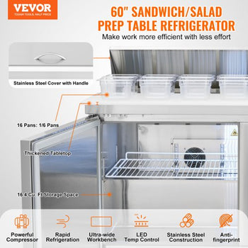 60" Commercial Refrigerator Sandwich & Salad Prep Table, 16.4 Cu. Ft Stainless Steel Refrigerated Food Prep Station with 16 Pans, Cut Board, Frost Free Refrigerator with Lock for Restaurant