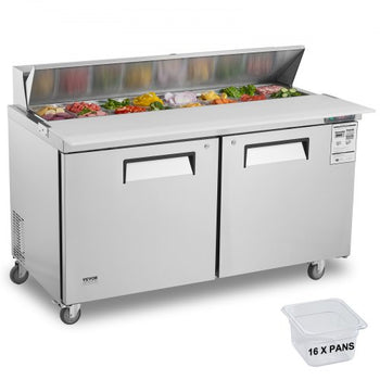 60" Commercial Refrigerator Sandwich & Salad Prep Table, 16.4 Cu. Ft Stainless Steel Refrigerated Food Prep Station with 16 Pans, Cut Board, Frost Free Refrigerator with Lock for Restaurant
