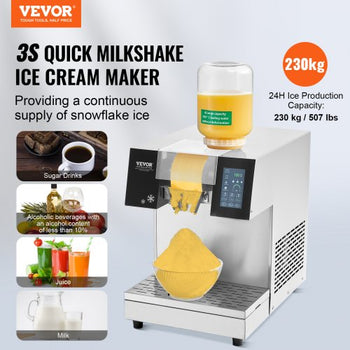 Commercial Snowflake Ice Machine, 507LBS/24H Snowflake Ice Maker, Stainless Steel Ice Shaver Machine, Electric Snow Cone Maker, Air Cooling System for Rapid Heat Dissipation, for Bakery, Cafe