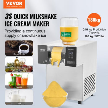 Commercial Snowflake Ice Machine, 397LBS/24H Snowflake Ice Maker, Stainless Steel Ice Shaver Machine, Electric Snow Cone Maker, Air Cooling System for Rapid Heat Dissipation, for Bakery, Cafe