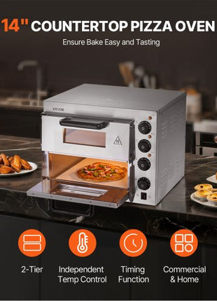 Commercial Pizza Oven Countertop, 14-Inch Double Deck Layer, Stainless Steel Electric Pizza Oven with Stone and Handle, Multipurpose Indoor Pizza Maker for Restaurant Home Pretzels Baked