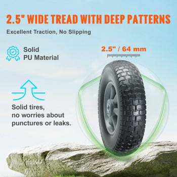 Solid black 2.5" PU tire with deep tread patterns for excellent traction and puncture resistance.