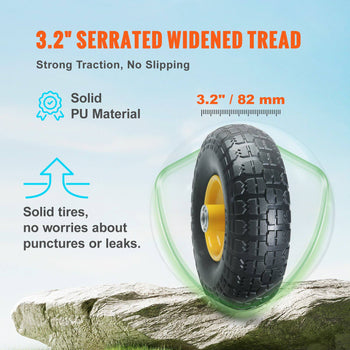 3.2" solid PU tire with serrated wide tread for strong traction, features a durable design in black and orange.
