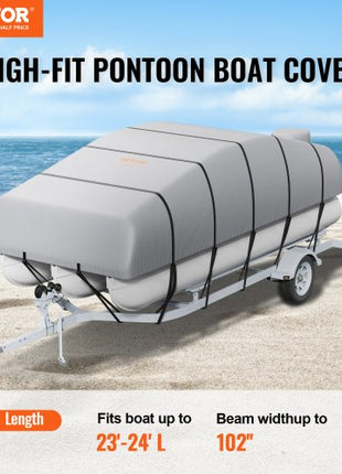 Pontoon Boat Cover, 23'-24' Waterproof Trailerable Pontoon Cover, 800D Marine Grade PU Oxford Fabric, with Motor Cover, 16 Windproof Buckle Straps, Fits for 23'-24'L, Beam Width to 102", Grey